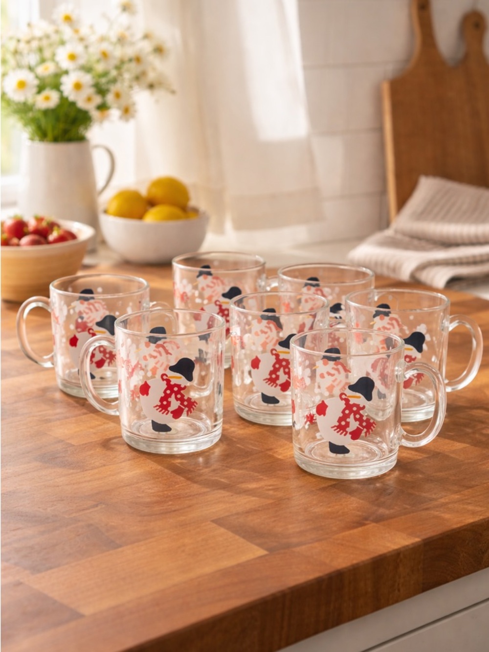 Crate & Barrel Snowman Glass Mugs Set of 6 | Holiday Winter Coffee Cups